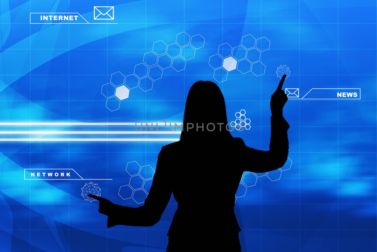 Businesswomans silhouette touching virtual holographic screen with circles