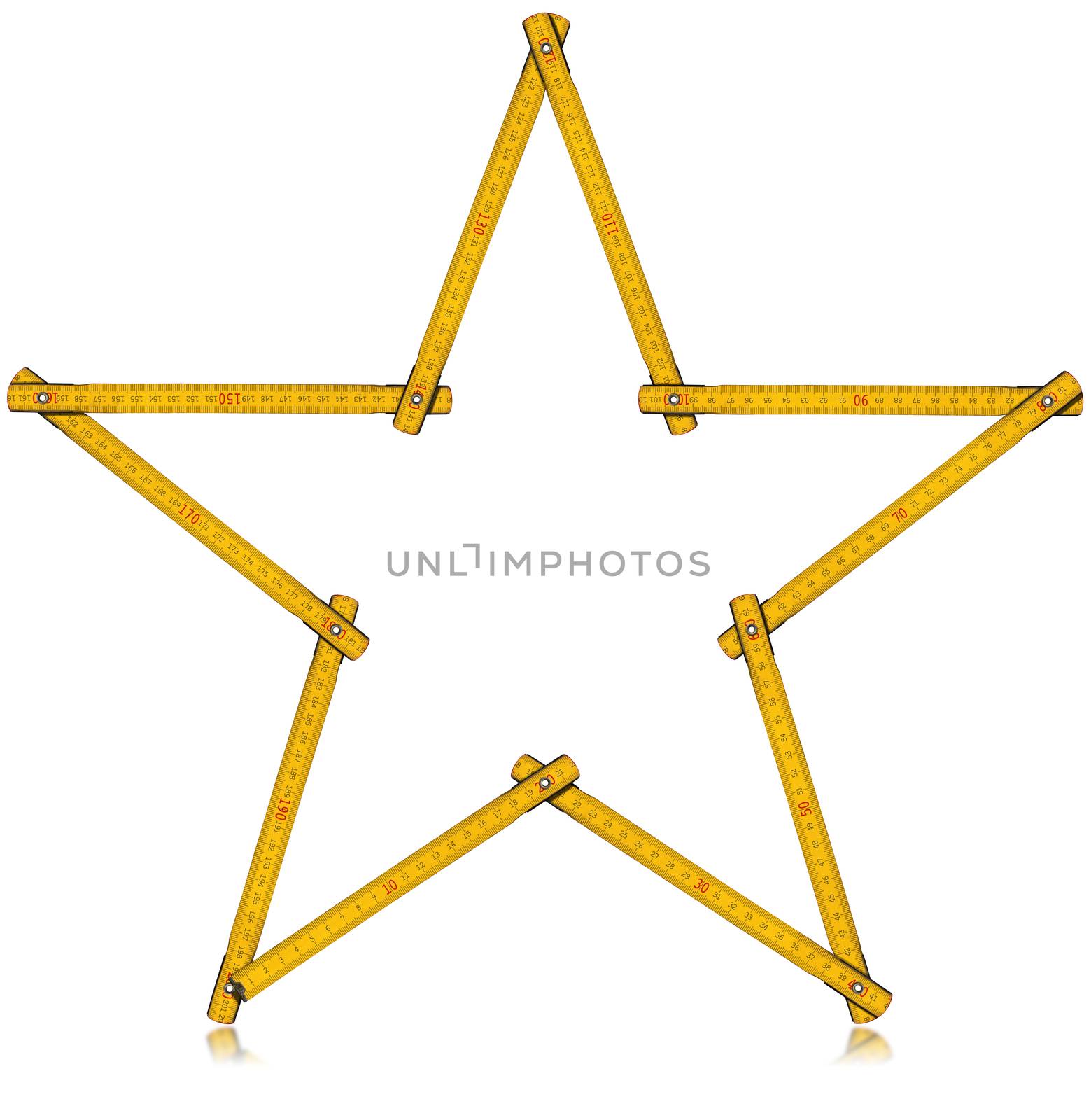 Old wooden yellow meter in the shape of five-pointed star. Isolated on white background.