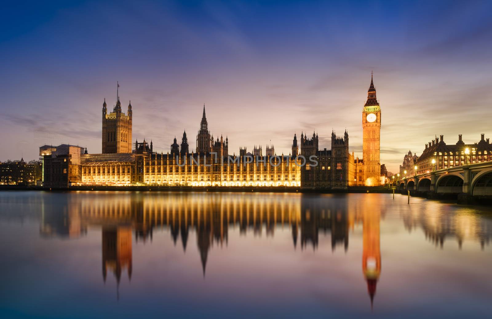 Big Ben and Westminster Bridge at dusk, London, UK