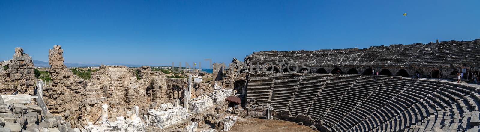 MANAVGAT, ANTALYA - JULY 20, 2015 : Panoramic view of the amphitheater in Side Ancient City, in Antalya which is thought to be built before 7th century bc.