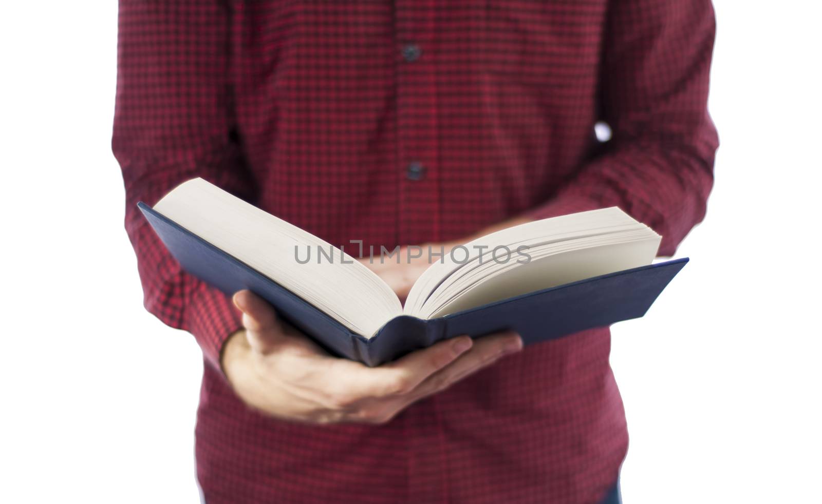 Man holding large open book with blank cover, isolated on a white background