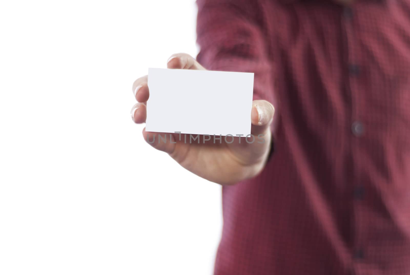 Man holding blank business card isolated on a white background