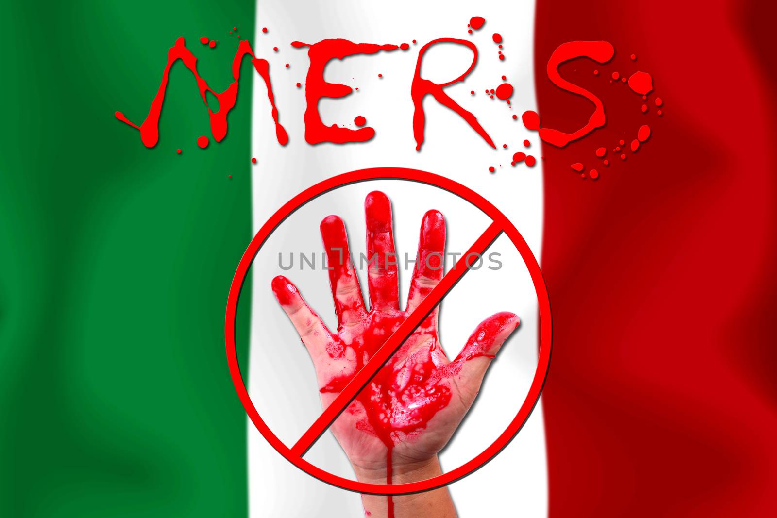 Concept show hand stop MERS Virus epidemic  ITALY flag background.