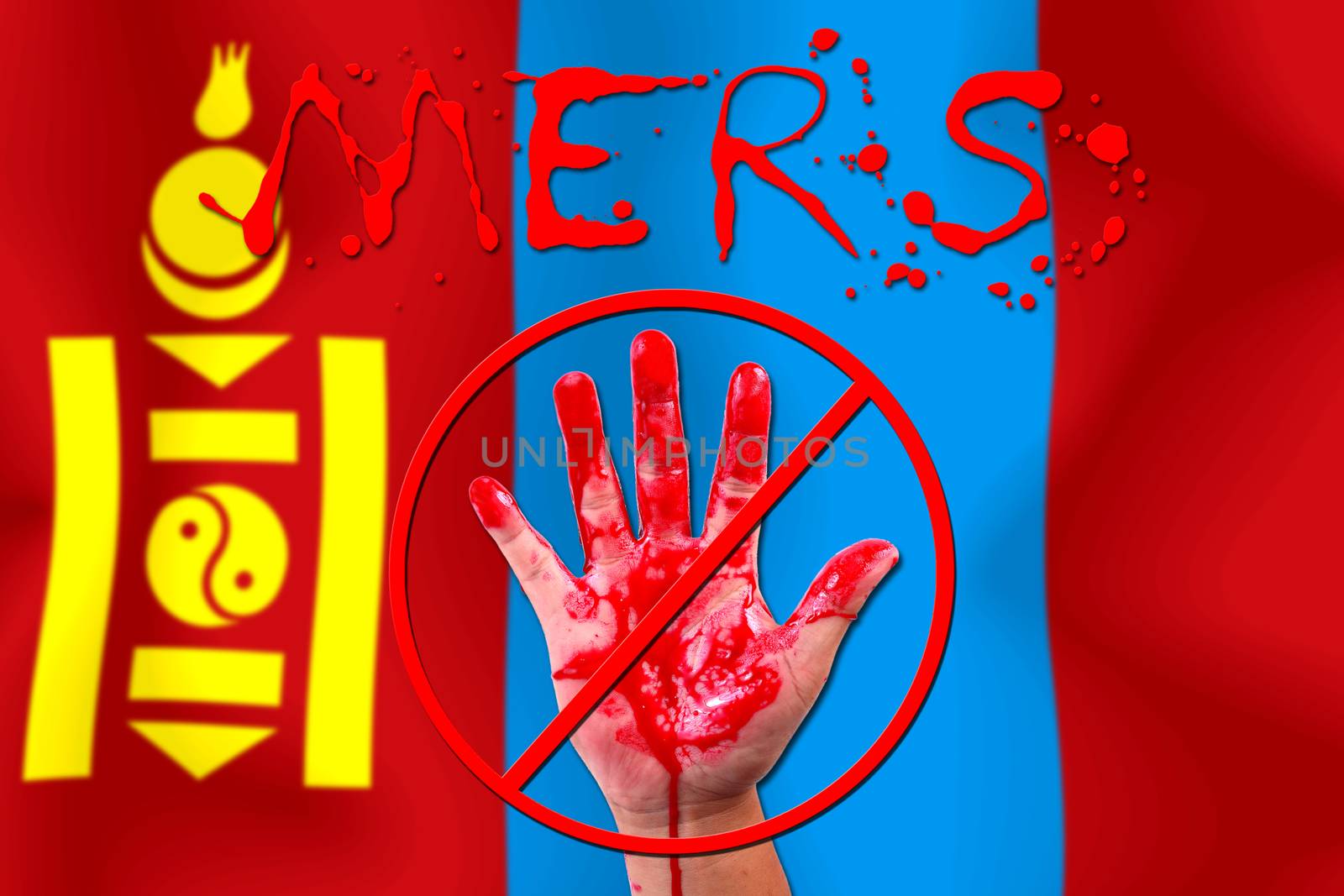 Concept show hand stop MERS Virus epidemic  Mongolia flag background.