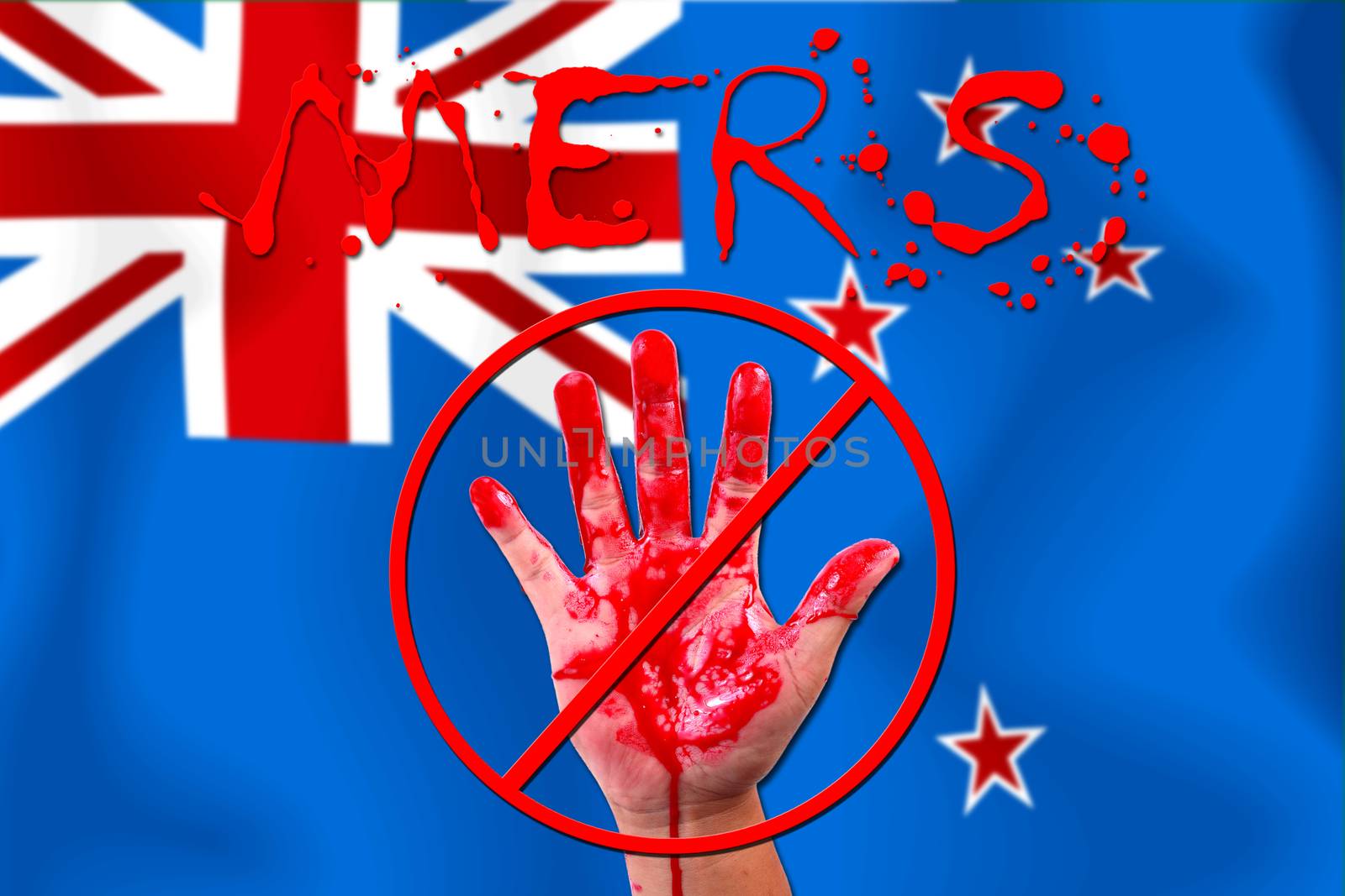 Concept show hand stop MERS Virus epidemic  New Zealand flag background.