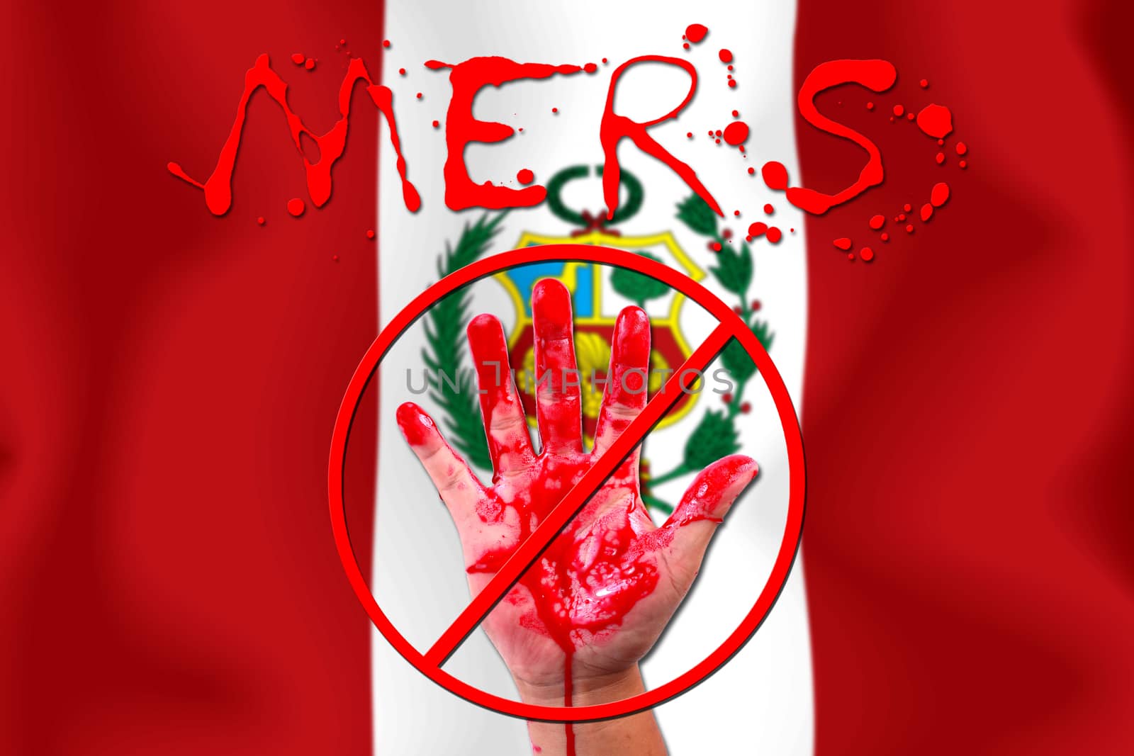 Concept show hand stop MERS Virus epidemic  Peru flag background.