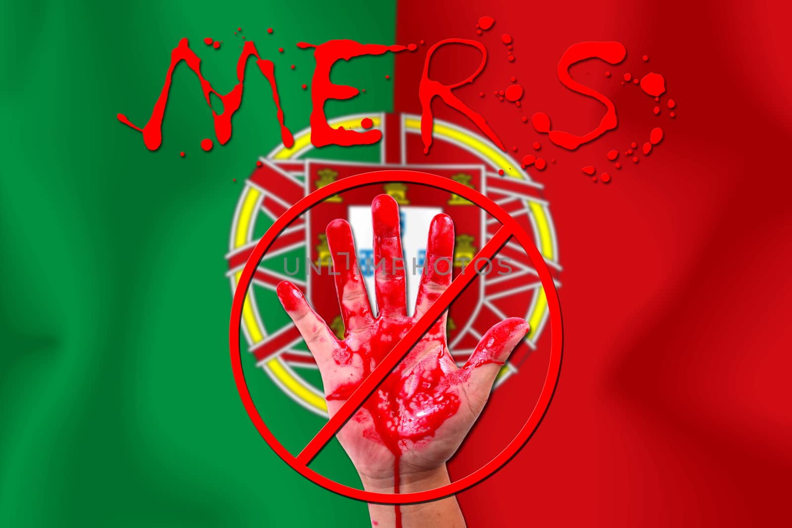 Concept show hand stop MERS Virus epidemic  portuguese flag background.