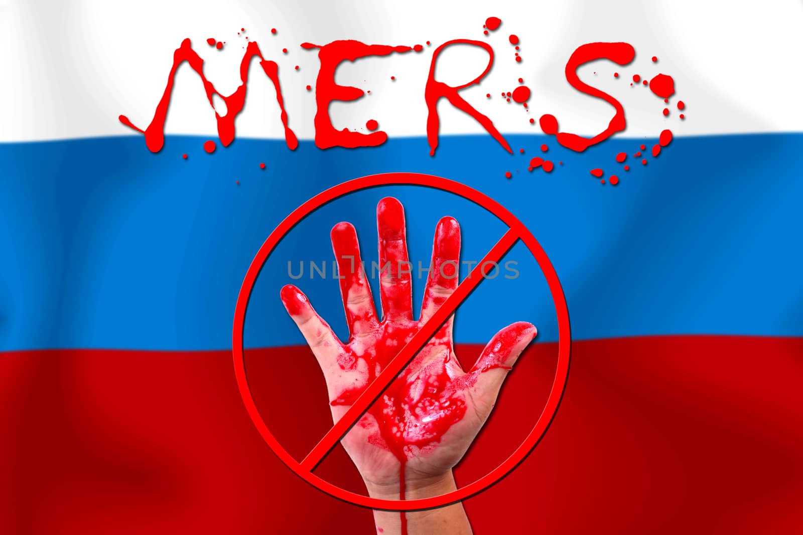 Concept show hand stop MERS Virus epidemic  Russia flag background.