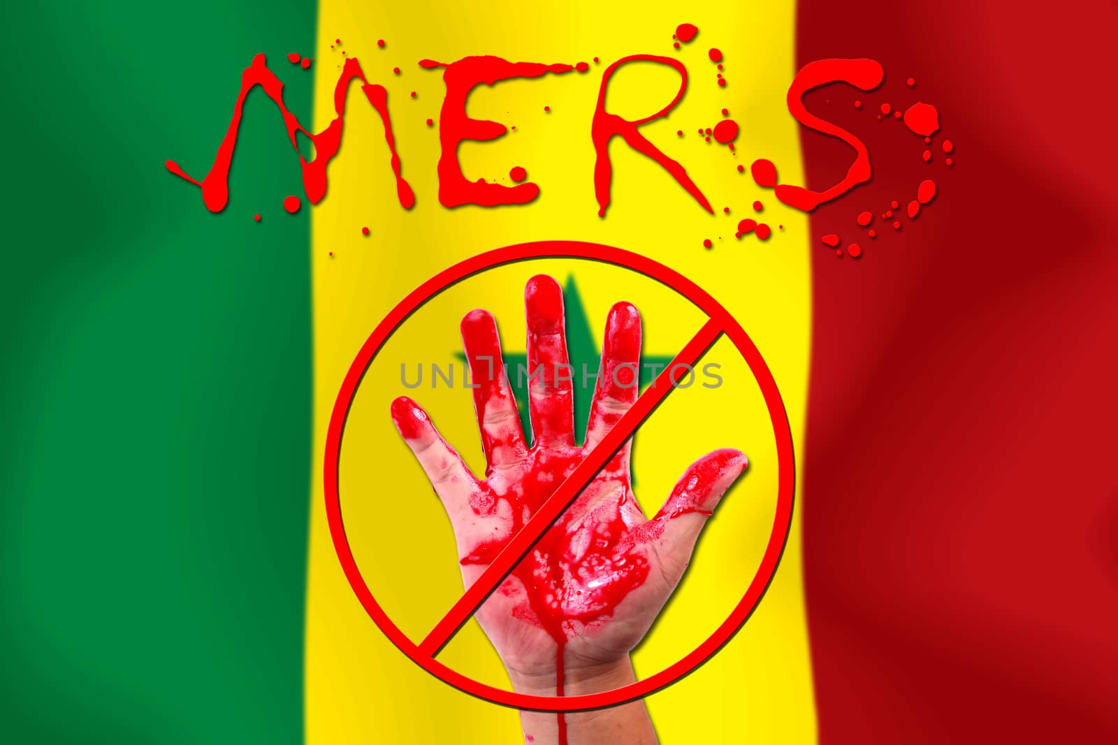 Concept show hand stop MERS Virus epidemic  SENEGAL flag background.