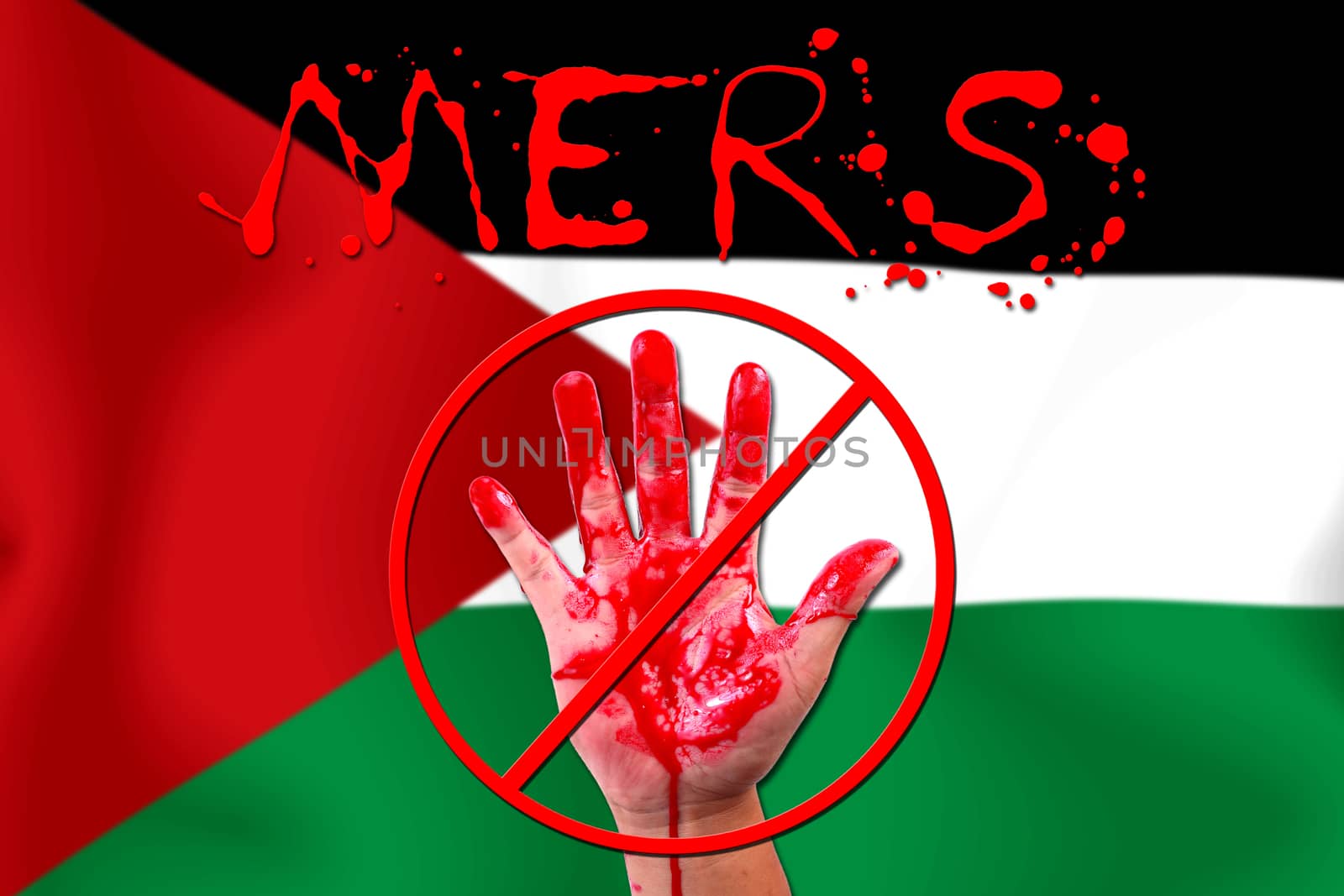 Concept show hand stop MERS Virus epidemic  Sudan flag background.