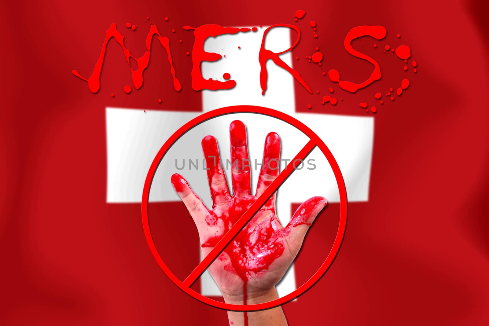 Concept show hand stop MERS Virus epidemic  Switzerland  flag background.
