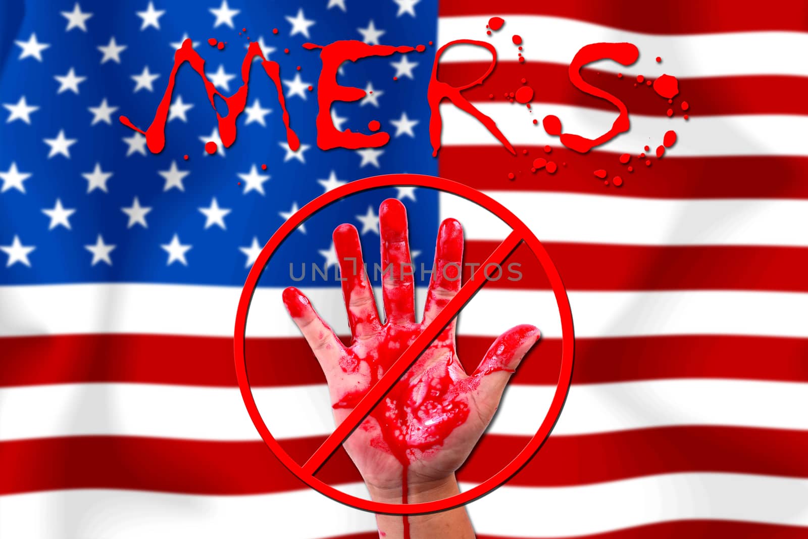 Concept show hand stop MERS Virus epidemic  USA flag background.