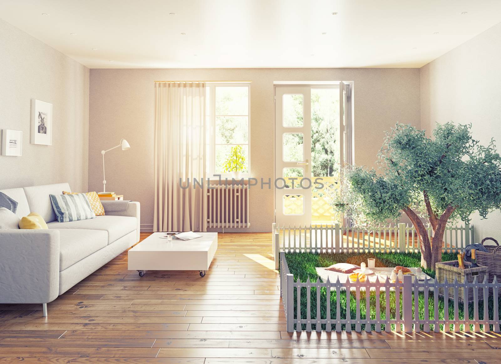 picnic in a home interior. 3D concept illustration