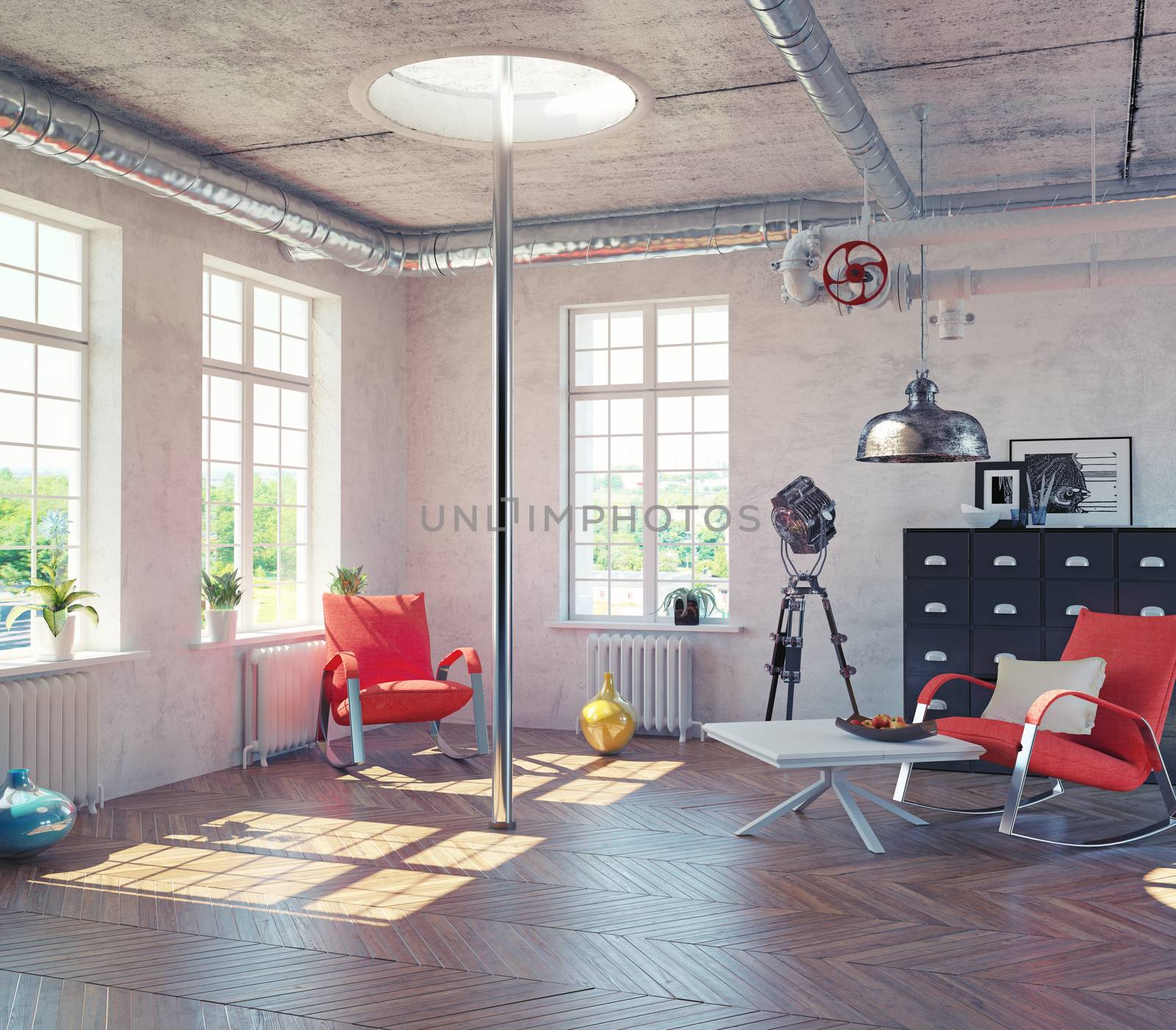 the modern loft interior with  fire pole  concept design (3d render)
