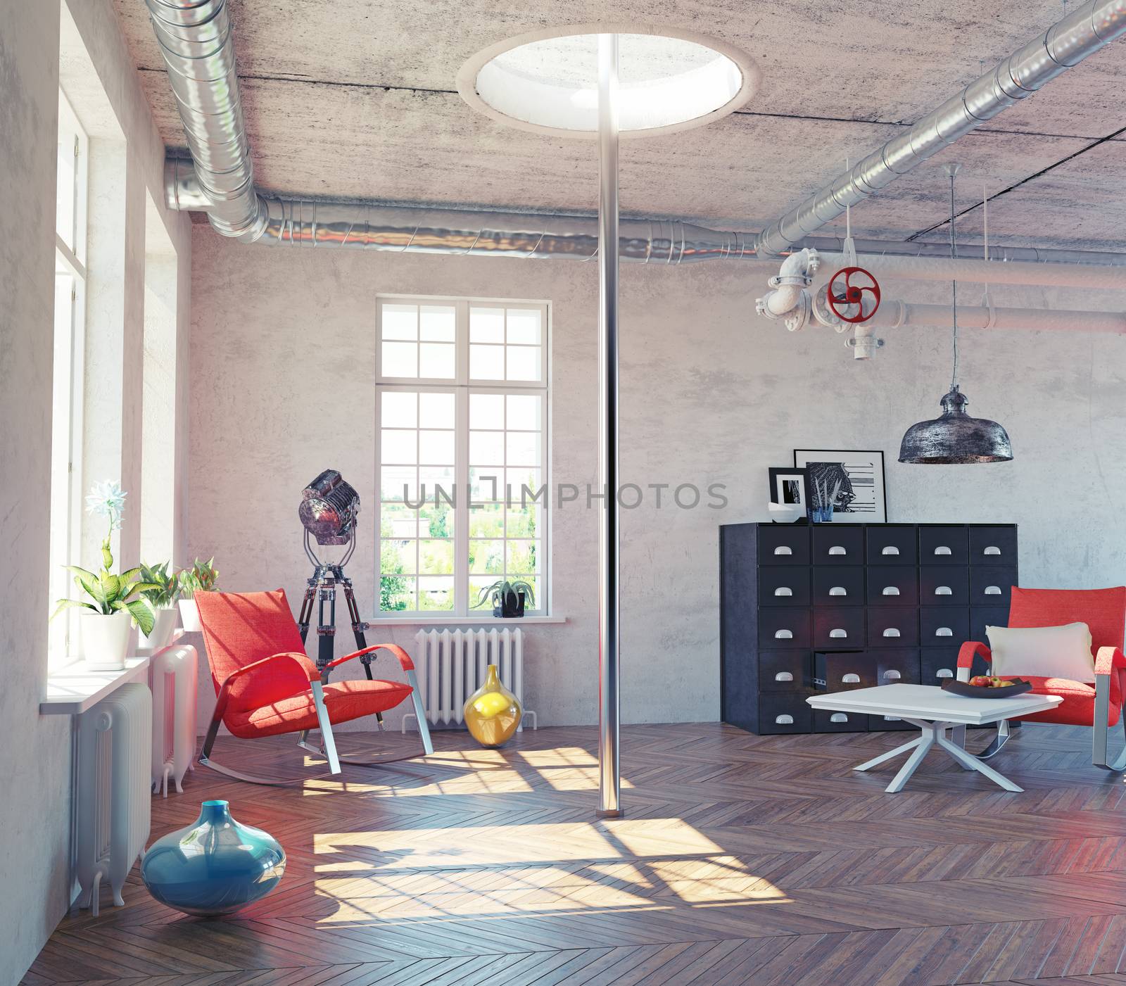 the modern loft interior with  fire pole  concept design (3d render)