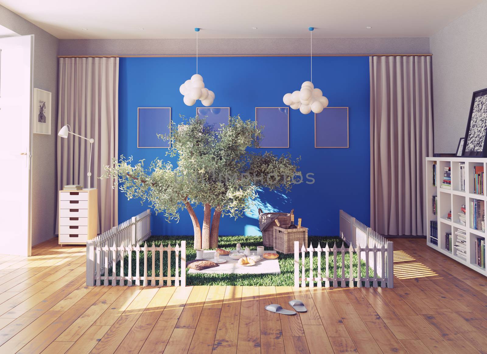 the cozy picnic place in a living interior. 3d rendering concept