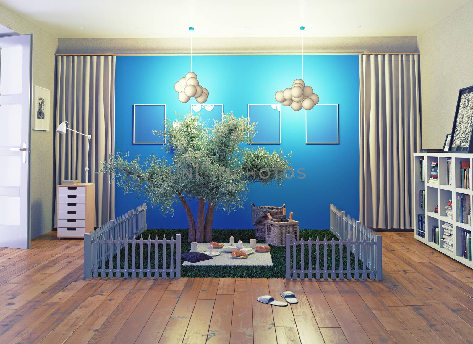 the cozy picnic place in a living interior. 3d rendering concept