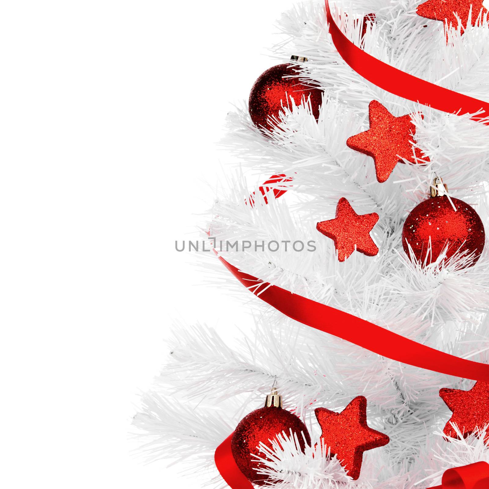 White christmas tree and presents isolated on white background