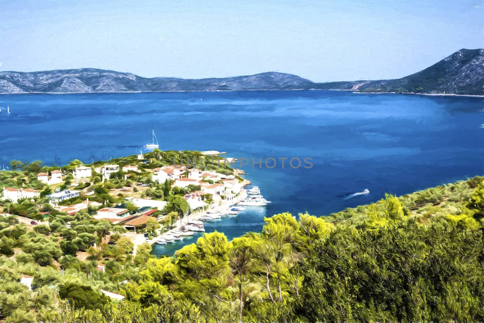 Bird's eye view of Steni Vala bay in Alonissos - painting effect