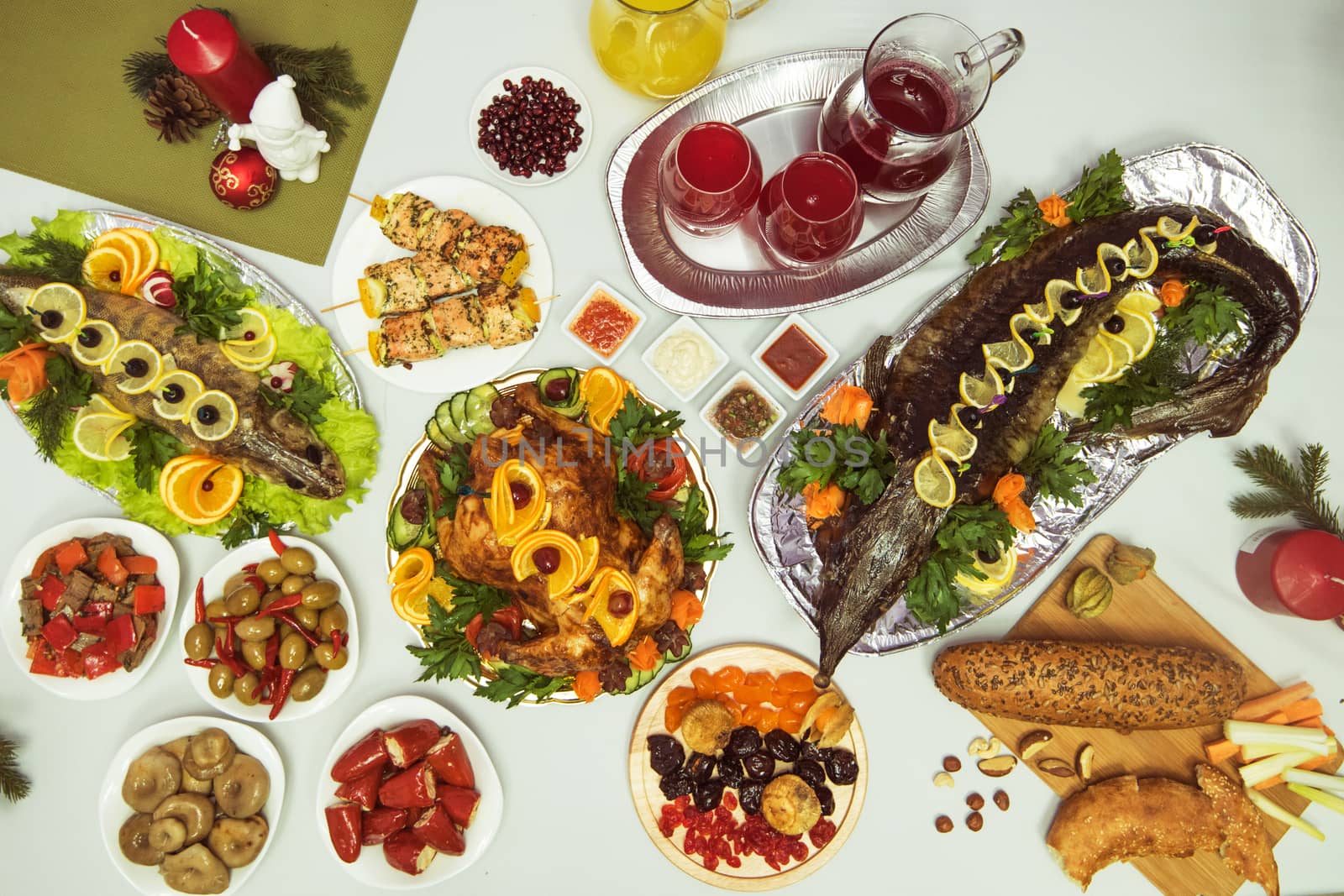 Lots of traditional festive food on table. Christmas table.