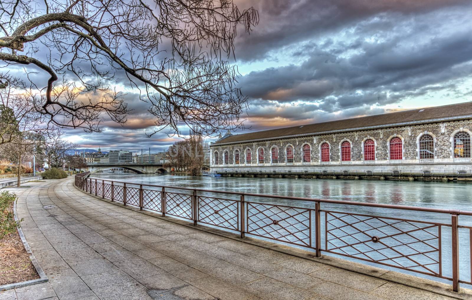 BFM, promenade and Rhone river by sunset, Geneva, Switzerland