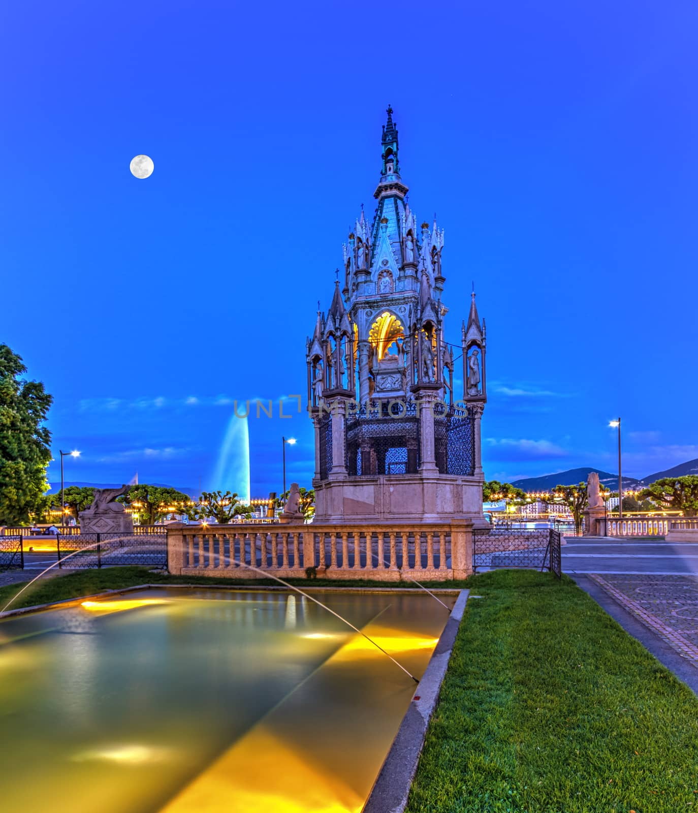 Brunswick monument and fountain by night in Geneva, Switzerland, HDR