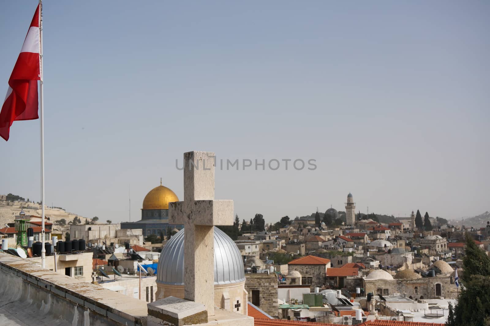 Jerusalem old city , mosques and flag