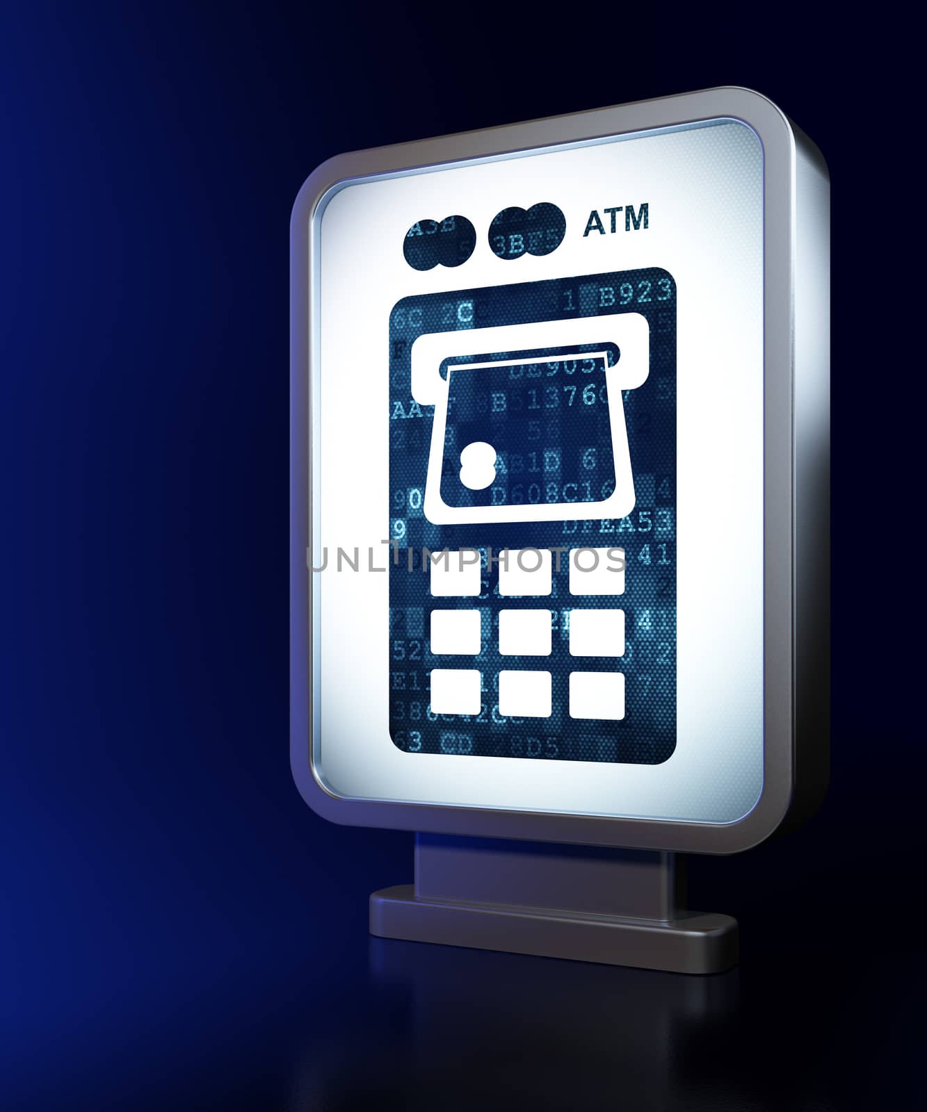 Currency concept: ATM Machine on advertising billboard background, 3d render