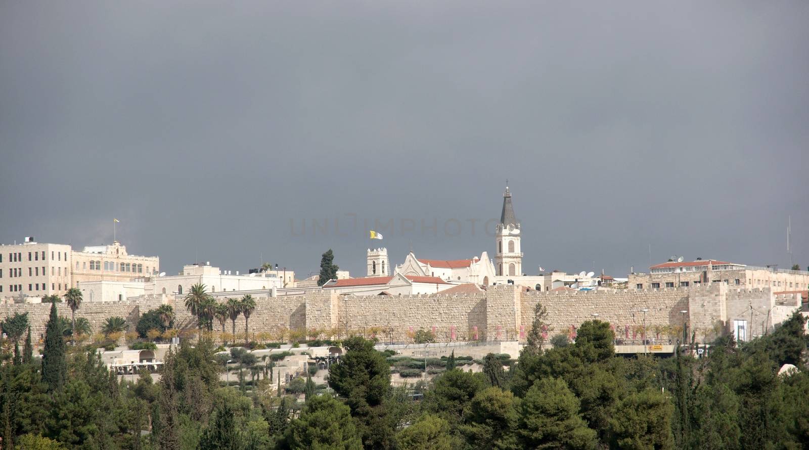 Jerusalem old city monastery under dramatic sky
