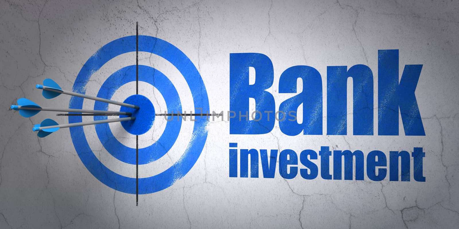 Success currency concept: arrows hitting the center of target, Blue Bank Investment on wall background