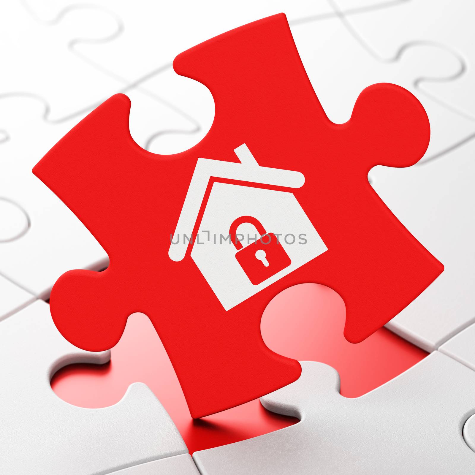 Finance concept: Home on Red puzzle pieces background, 3d render