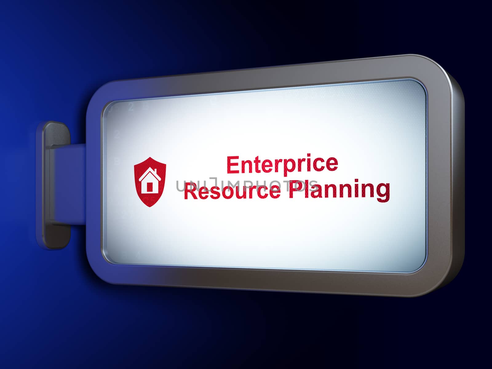 Business concept: Enterprice Resource Planning and Shield on advertising billboard background, 3d render