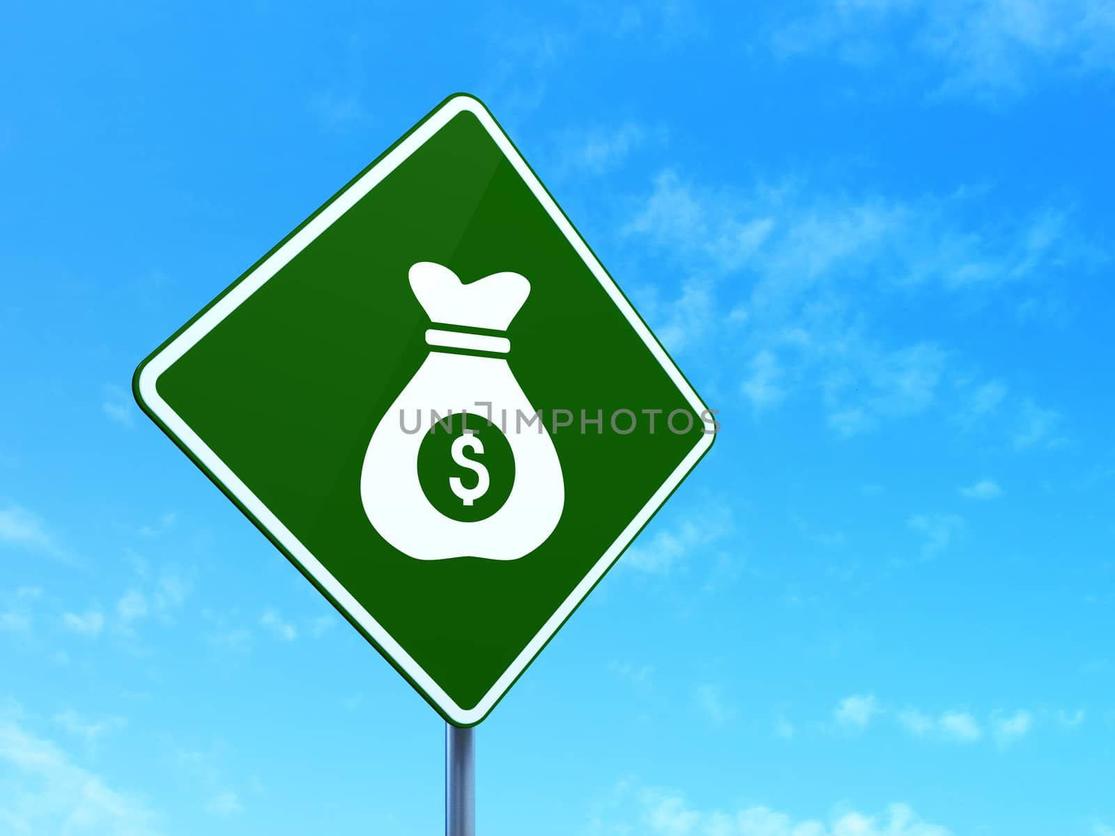 Business concept: Money Bag on green road (highway) sign, clear blue sky background, 3d render