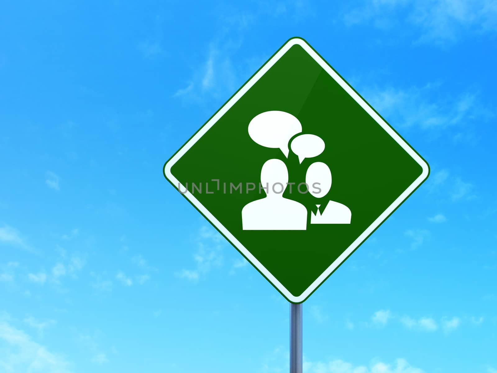 Business concept: Business Meeting on green road (highway) sign, clear blue sky background, 3d render
