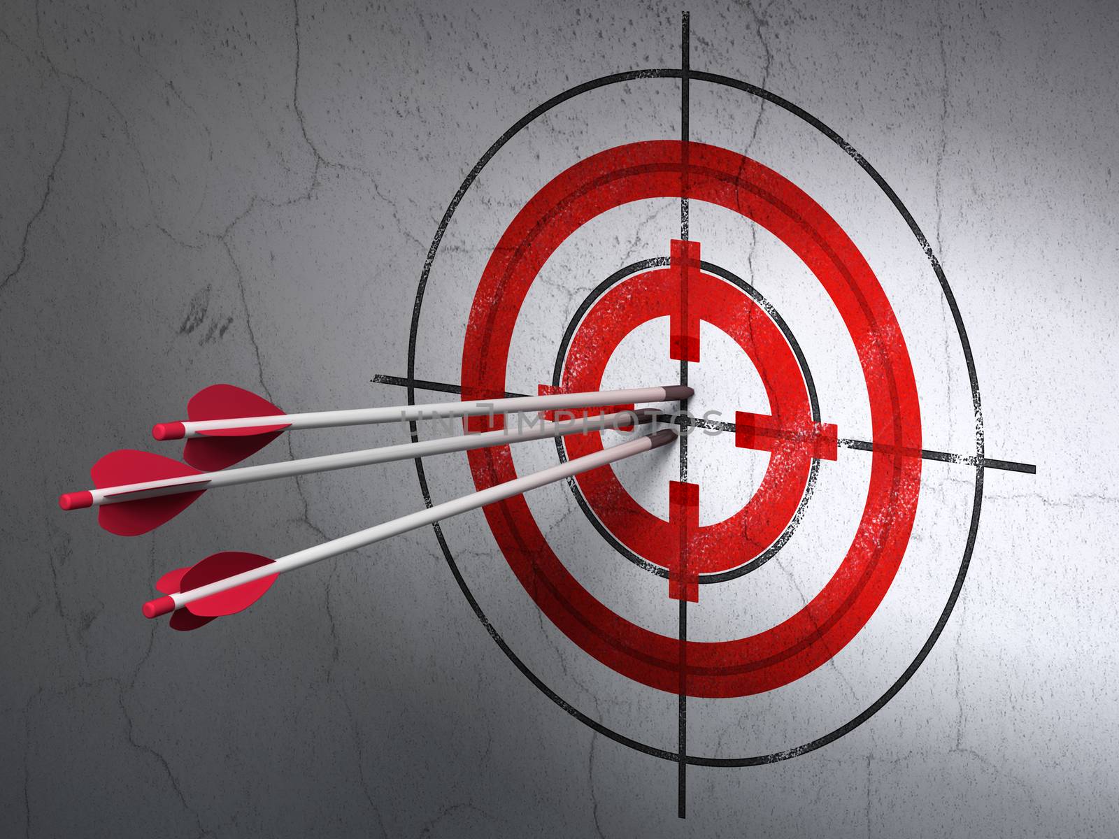 Success finance concept: arrows hitting the center of Red Target target on wall background