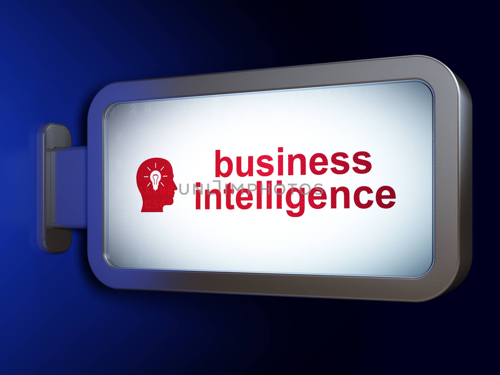 Finance concept: Business Intelligence and Head With Light Bulb on advertising billboard background, 3d render