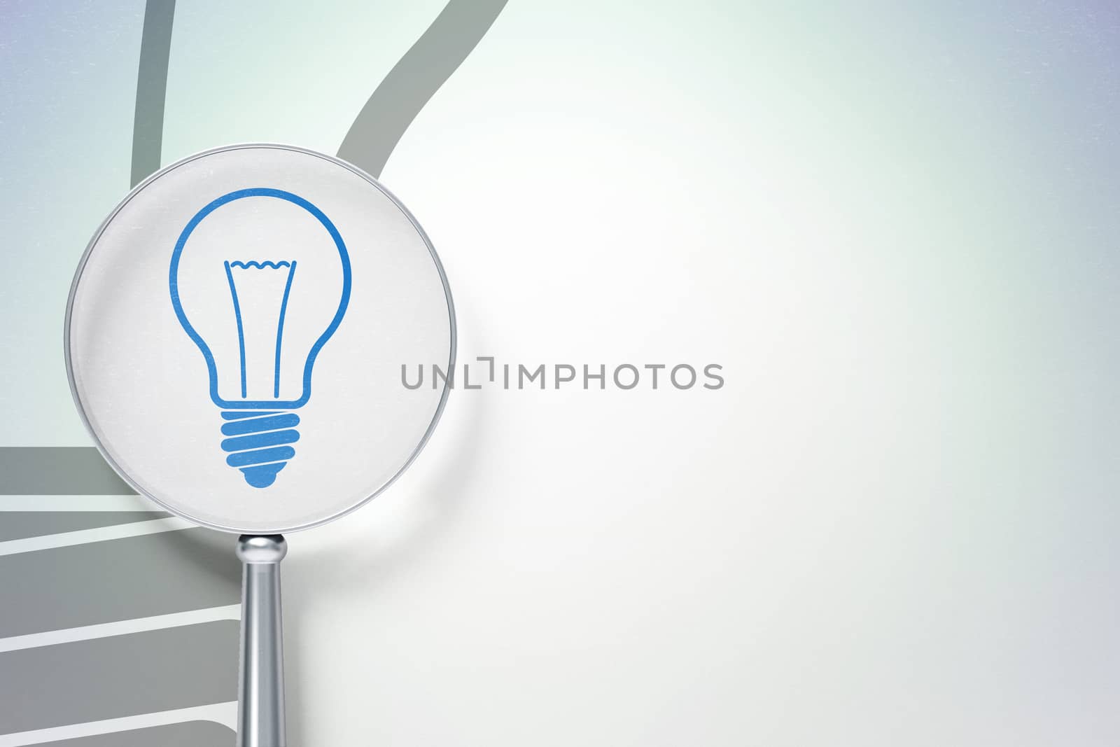 Business concept: magnifying optical glass with Light Bulb icon on digital background, empty copyspace for card, text, advertising