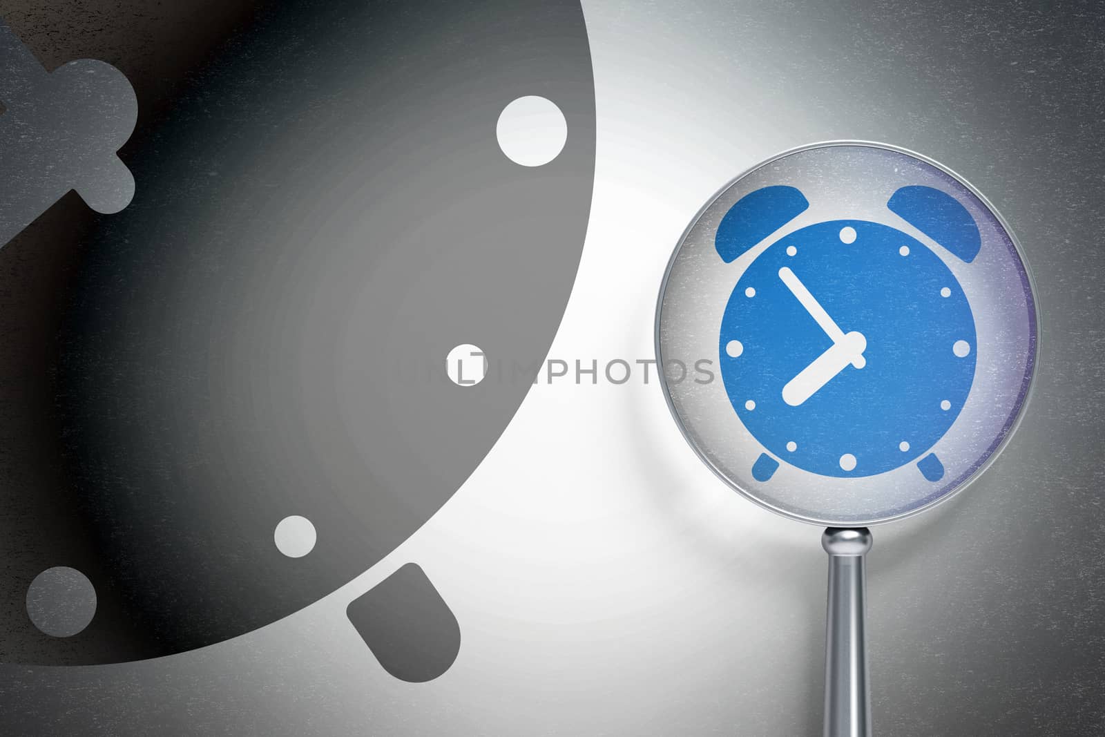 Time concept: magnifying optical glass with Alarm Clock icon on digital background, empty copyspace for card, text, advertising