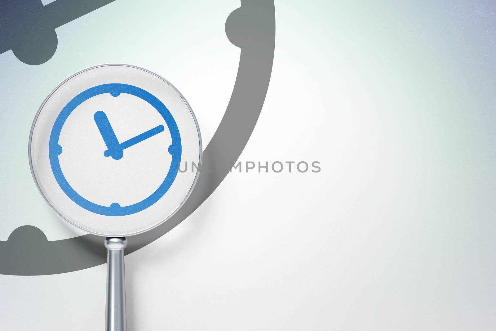 Timeline concept: magnifying optical glass with Clock icon on digital background, empty copyspace for card, text, advertising
