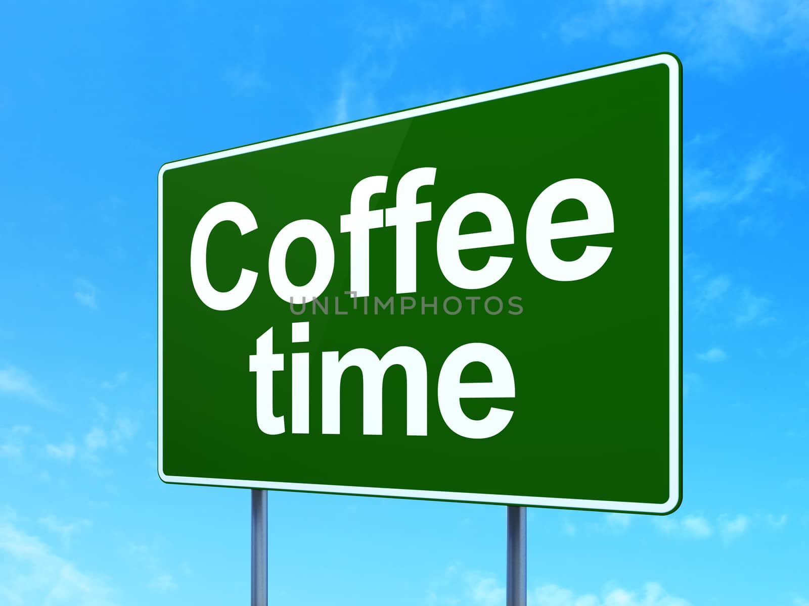 Time concept: Coffee Time on green road (highway) sign, clear blue sky background, 3d render