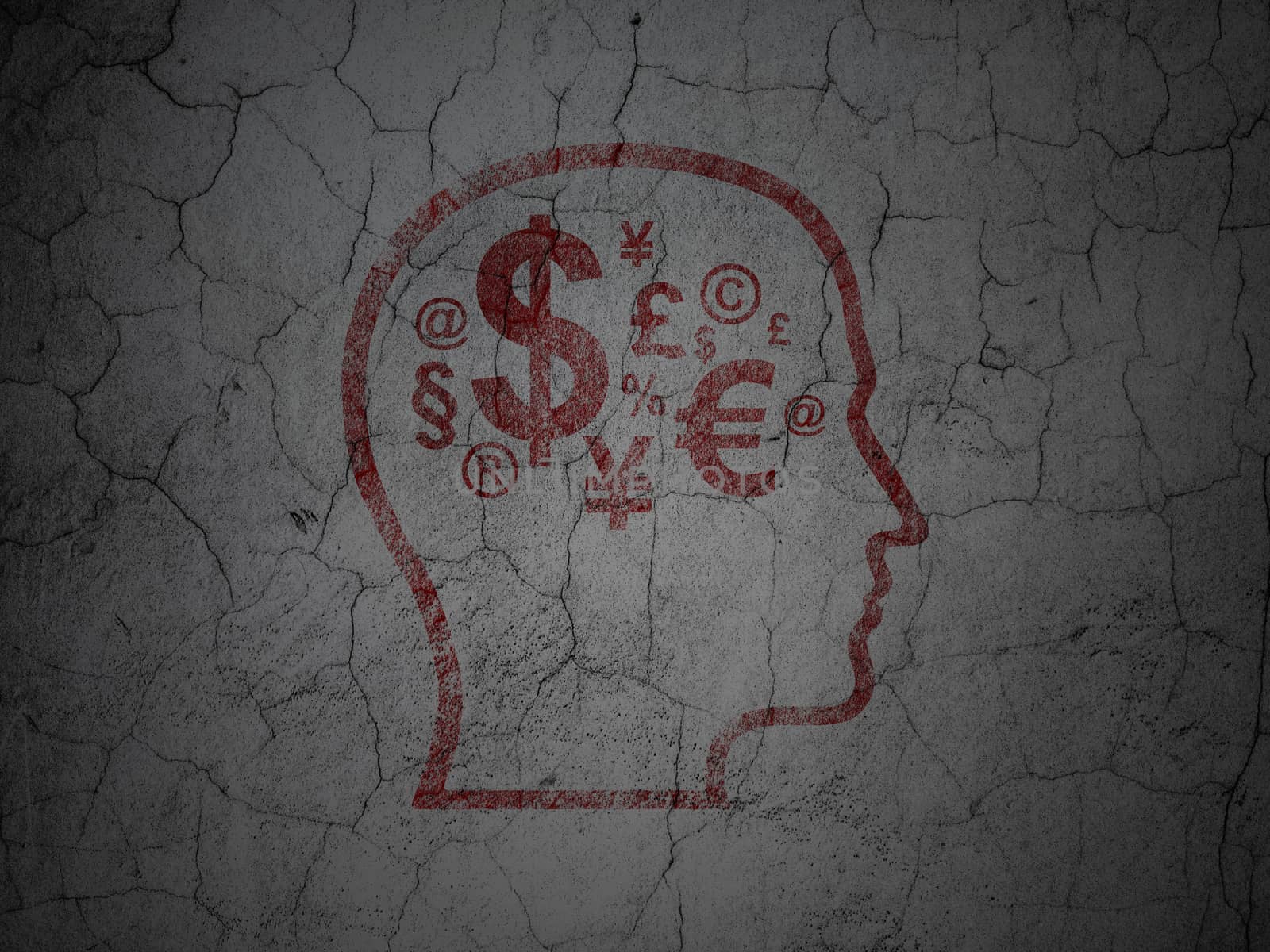 Advertising concept: Red Head With Finance Symbol on grunge textured concrete wall background