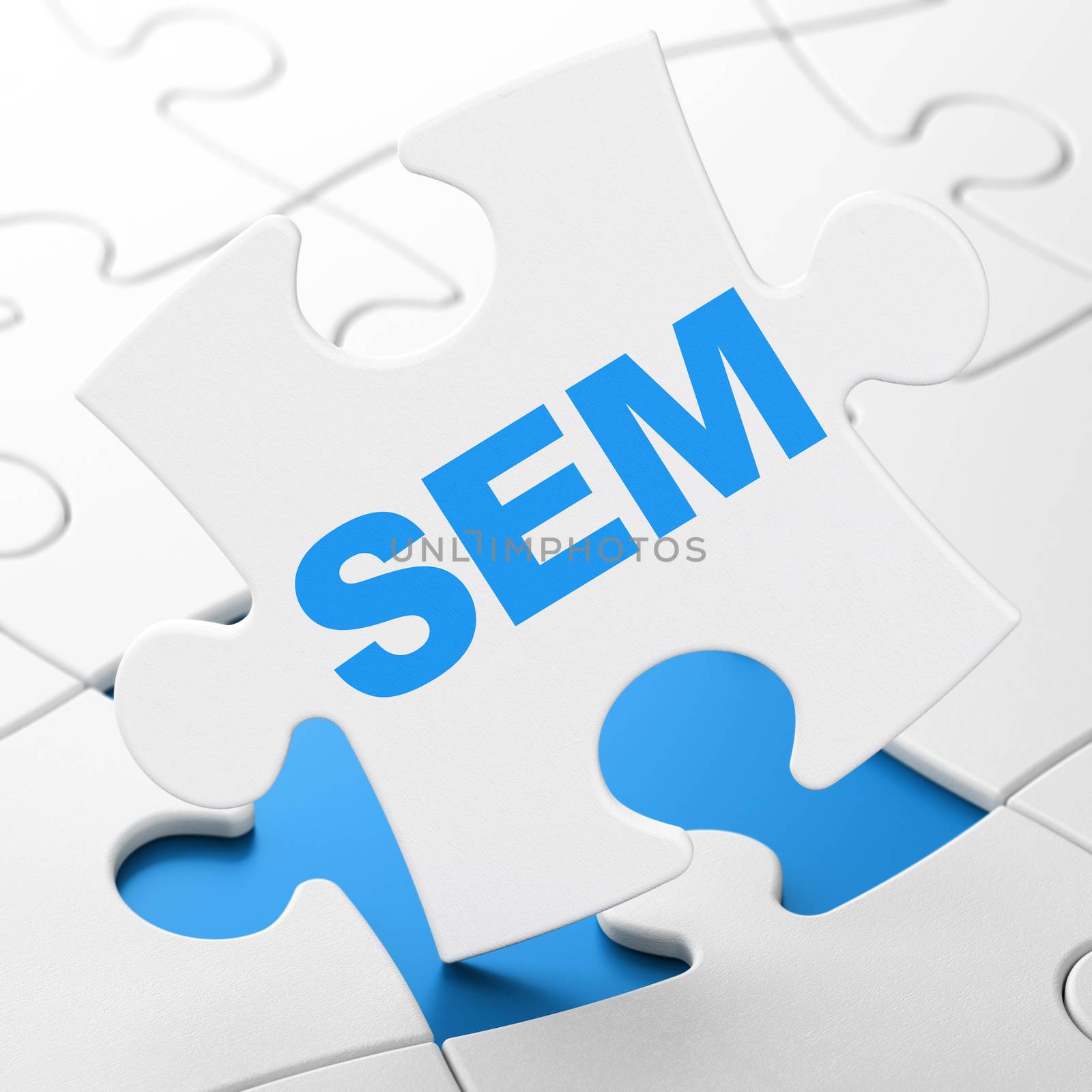 Marketing concept: SEM on White puzzle pieces background, 3d render