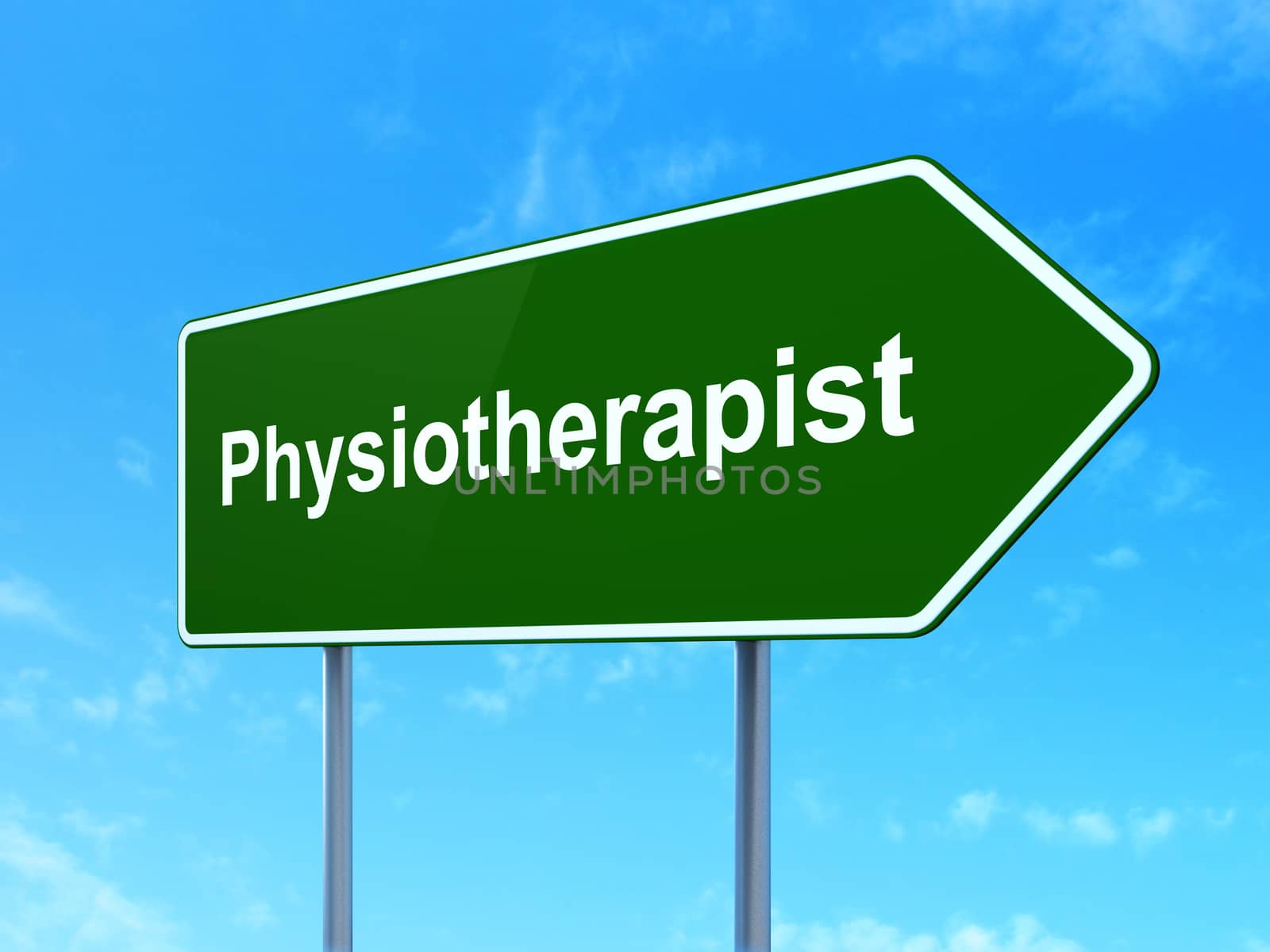 Healthcare concept: Physiotherapist on green road (highway) sign, clear blue sky background, 3d render