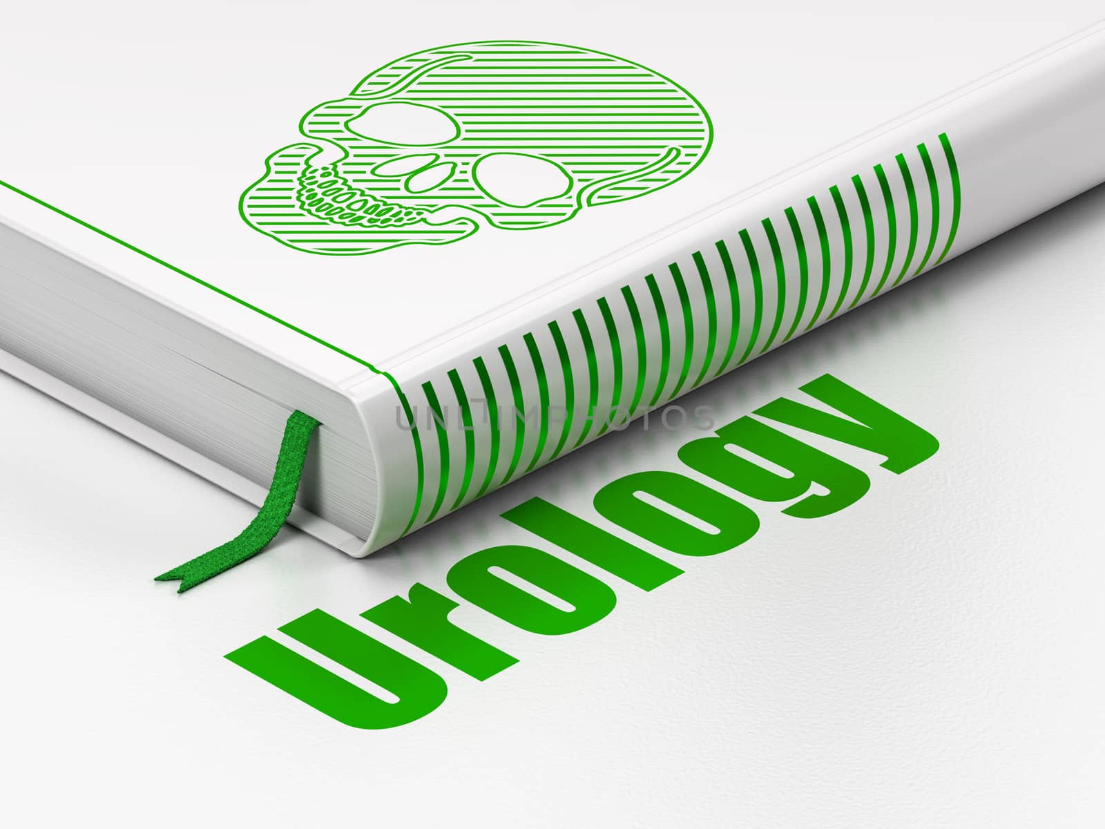 Medicine concept: closed book with Green Scull icon and text Urology on floor, white background, 3d render