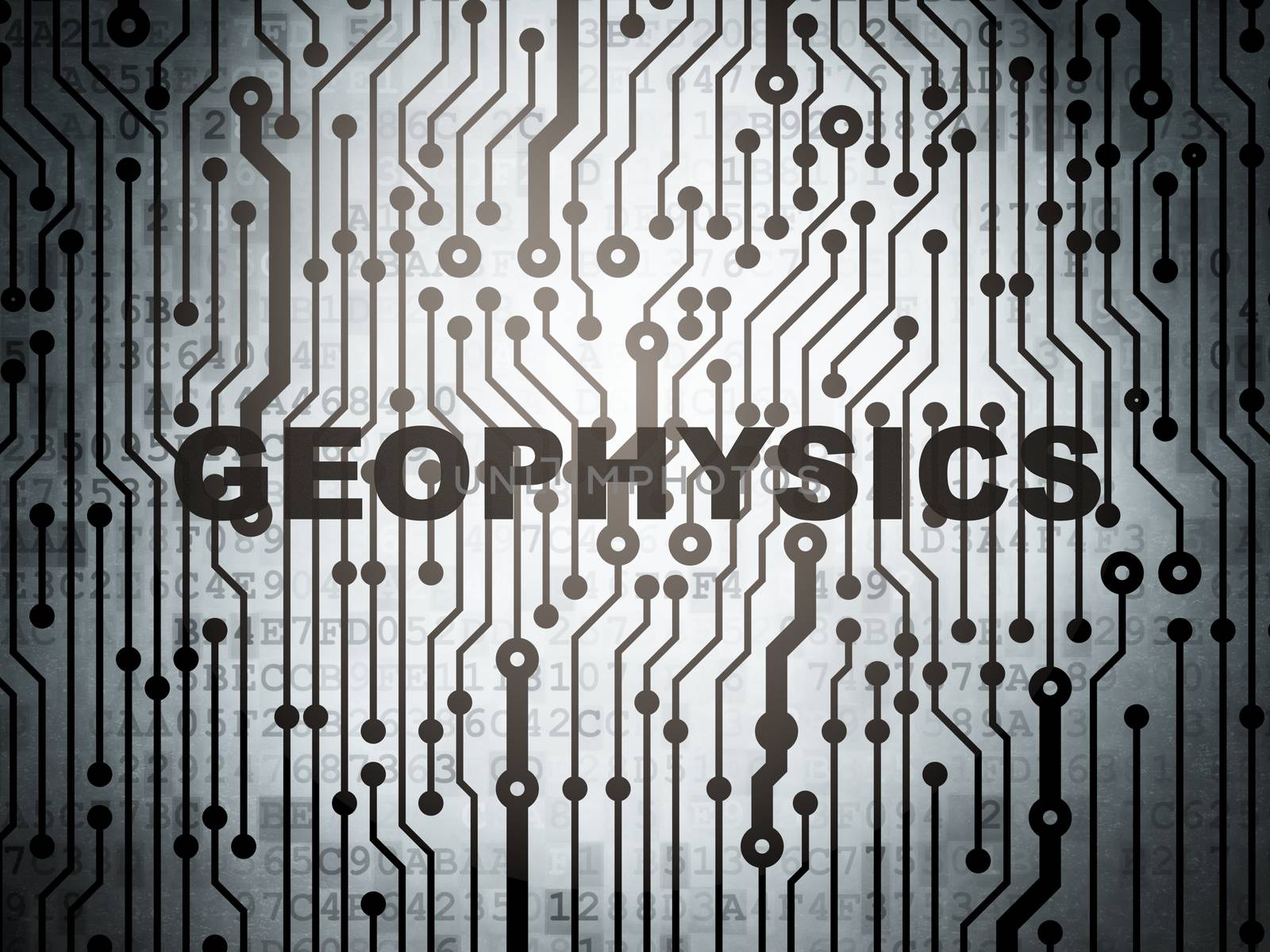 Science concept: circuit board with  word Geophysics, 3d render