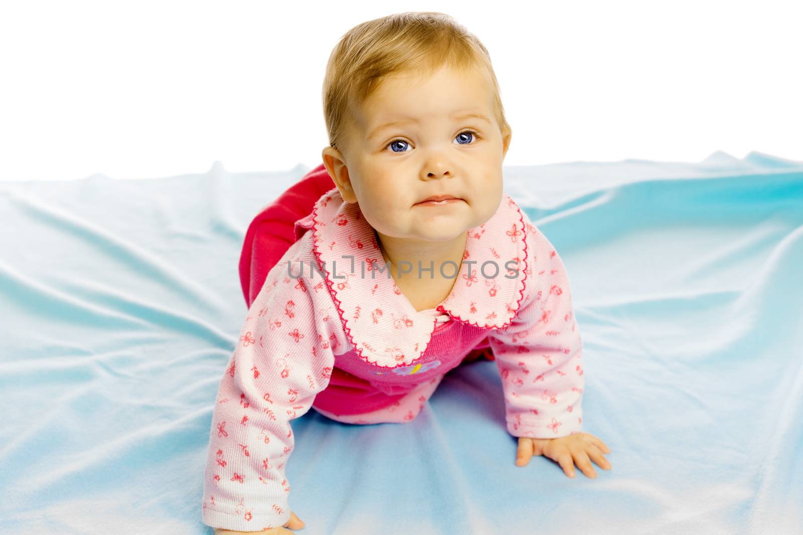 baby girl in a dress crawling on the floor and looking at the camera