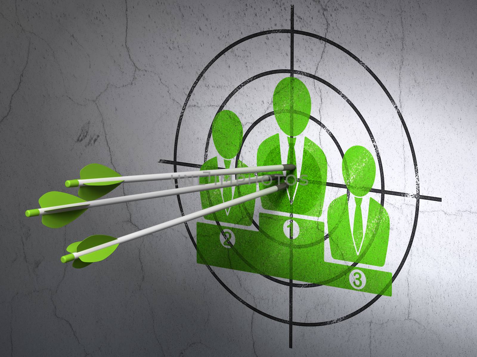 Success news concept: arrows hitting the center of Green Business Team target on wall background