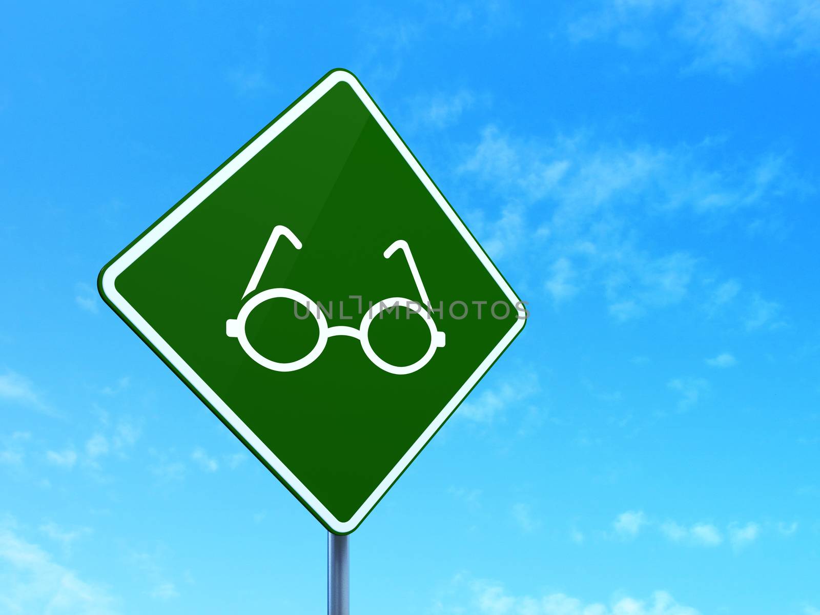 Science concept: Glasses on green road (highway) sign, clear blue sky background, 3d render