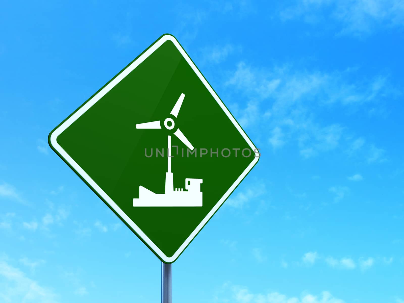 Industry concept: Windmill on green road (highway) sign, clear blue sky background, 3d render
