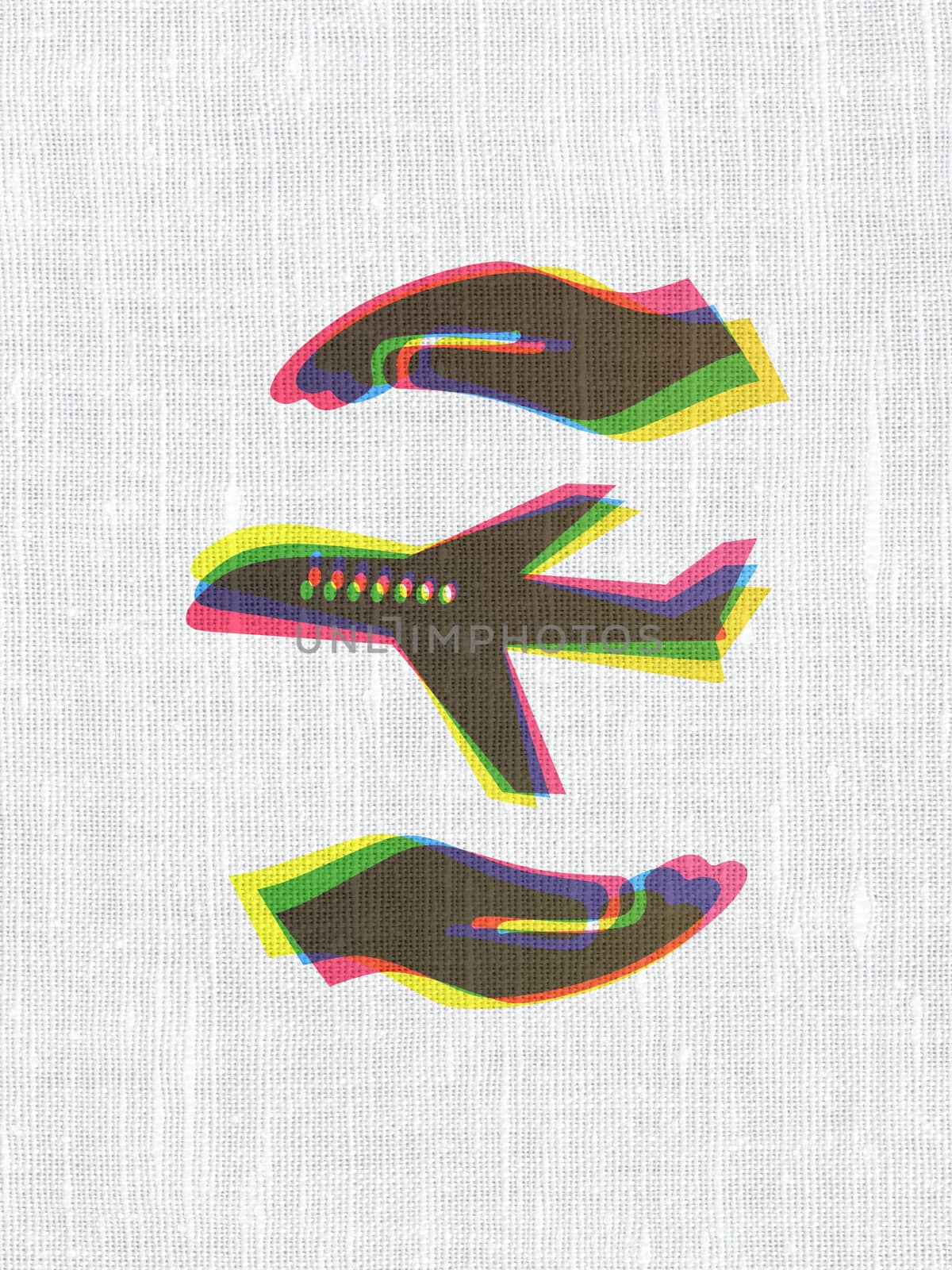 Insurance concept: CMYK Airplane And Palm on linen fabric texture background
